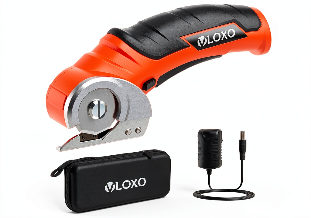VLOXO Cordless Electric Scissors Plastic Orange being held in a craftsman's hand on a workbench