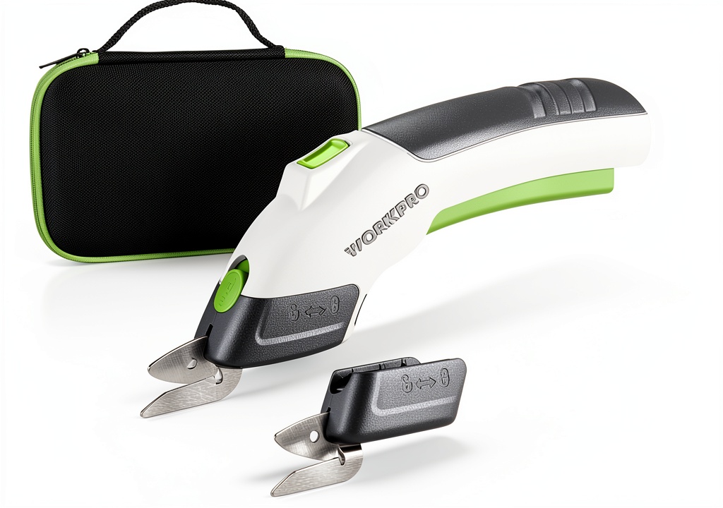 WORKPRO Classic Stainless Steel Electric Scissors being used on a fabric bolt at a home sewing station